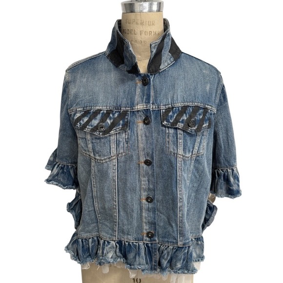 Wren + Glory Jackets & Blazers - Wren + Glory Painted Denim Jacket Tulle Trim Ruffle Sleeve Art Graphic One Size